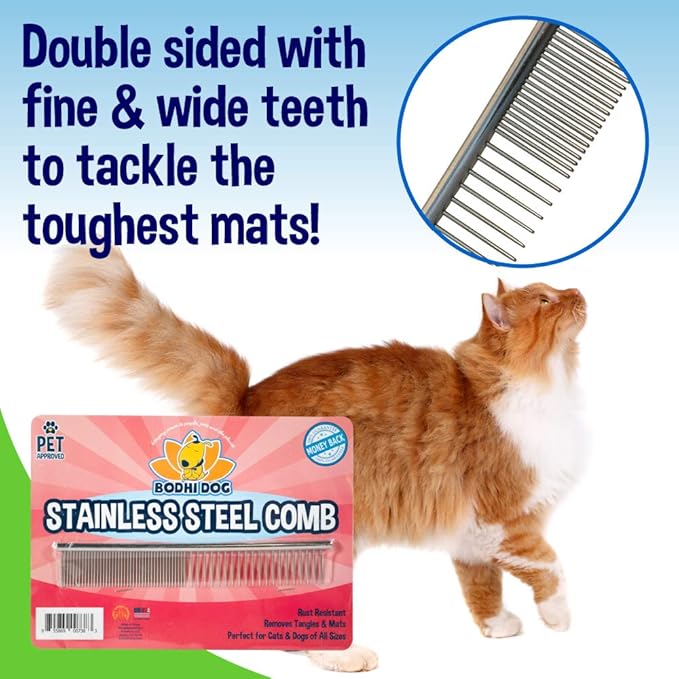 Bodhi Dog Stainless Steel Comb & Shampoo Brush - Bath & Shower Supplies for Dogs & Cats - Removes Shedding, Mats & Tangles - Pet Grooming Scrubber Bundle (Blue)-PawvioPets