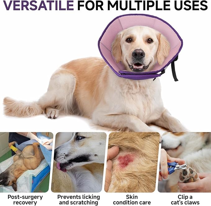 Dog Cone Collar L, Soft Cones for Large Medium Small Dogs,Adjustable Dog Cone Alternative to Stop Licking, Comfy Elizabethan Collar for After Surgery Wound Healing & Hot Spots Purple-PawvioPets