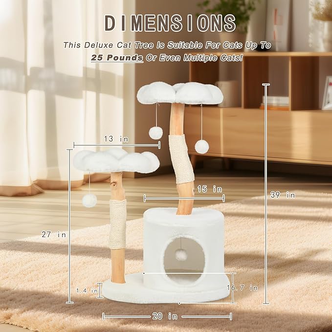 Cute Cat Tree Tower for Indoor Cats Adult, Wood Flower Cat Trees with 6 Pompoms, Modern Cat Tree Tower with Scratching Post, Aesthetic Luxury Cat Condo for Cats Kitten, Alpine White-PawvioPets