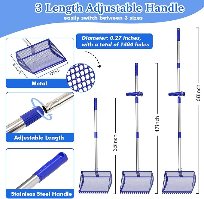 12 Inch Chicken Poop Scooper & Rake 2-in-1, Large Metal Shovel Head, Rubber Handle Stainless Steel Chicken Litter Scoop for Chicken Coops, Litter Screening Scoop (35 to 65in) US Patent Pending (Blue)-PawvioPets