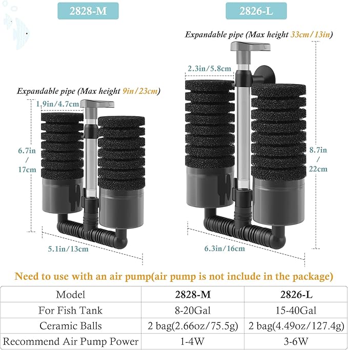 Air Powered Aquarium Sponge Filter with Biochemical Sponge and Ceramic Balls, Quiet Submersible Fish Tank Filter for 15-40Gallon （L-8.7in）-PawvioPets