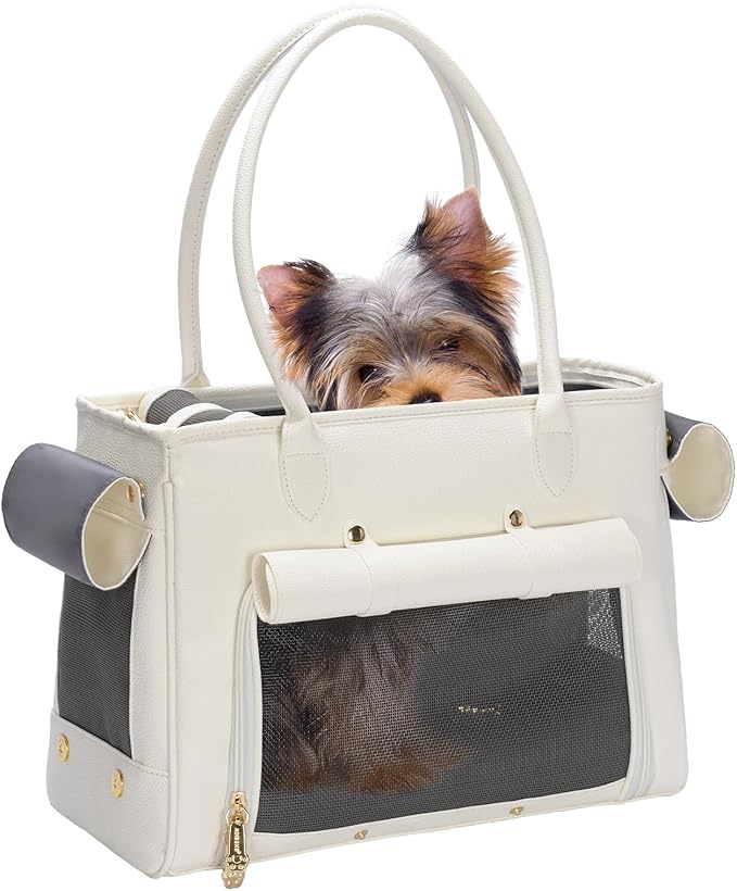 Fashion Pet Carrier Purse for Small Cat and Dog, Luxury Pu Soft-Sided Tote Bag with Large Pockets for Dogs and Puppies (White, 15.8" L x 7.5" W x 11.8" H)-PawvioPets