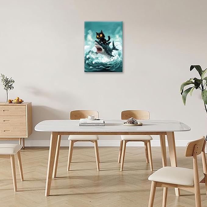 Funny Black Cat Bathroom Wall Art Cute Cat Riding Shark Canvas Wall Decor Animal Kitten Pictures Painting Print Artwork Framed Decorations Gifts for Cat Lover Kids Room Bedroom 12"x16"-PawvioPets