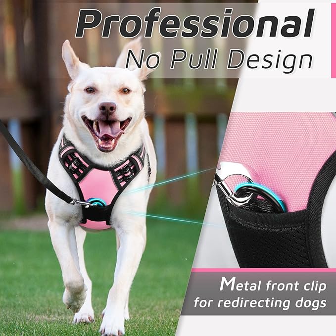 Eagloo Dog Harness for Large Dogs, No Pull Service Vest with Reflective Strips and Control Handle, Adjustable and Comfortable for Walking, No Choke Pet Harness with 2 Metal Rings, Pink, L-PawvioPets