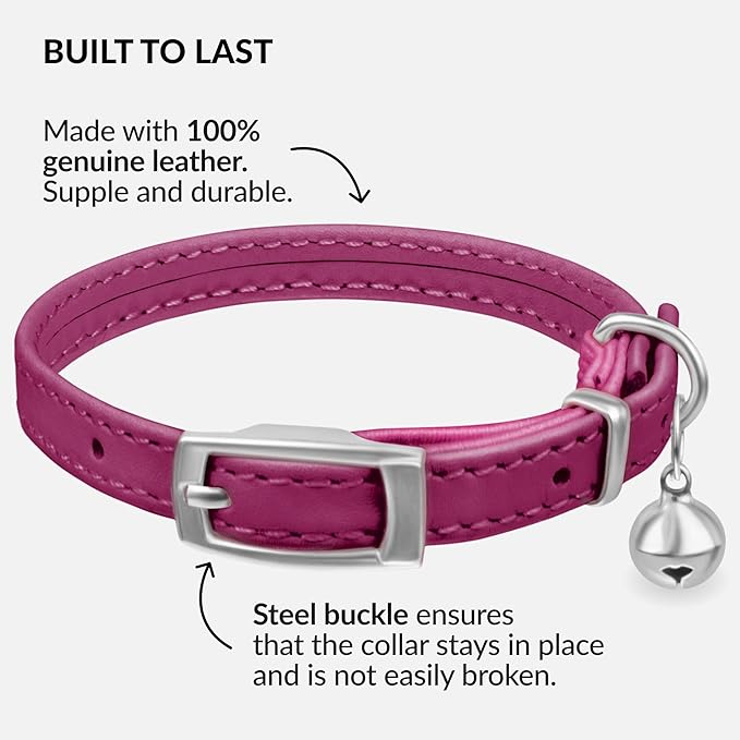 CollarDirect Leather Cat Collar with Bell - Kitten Collar, Small and Big Cat Strap for Boy Cats, Girl Cats with Safety Elastic Strap (Neck Fit 8"-11", Pink)-PawvioPets