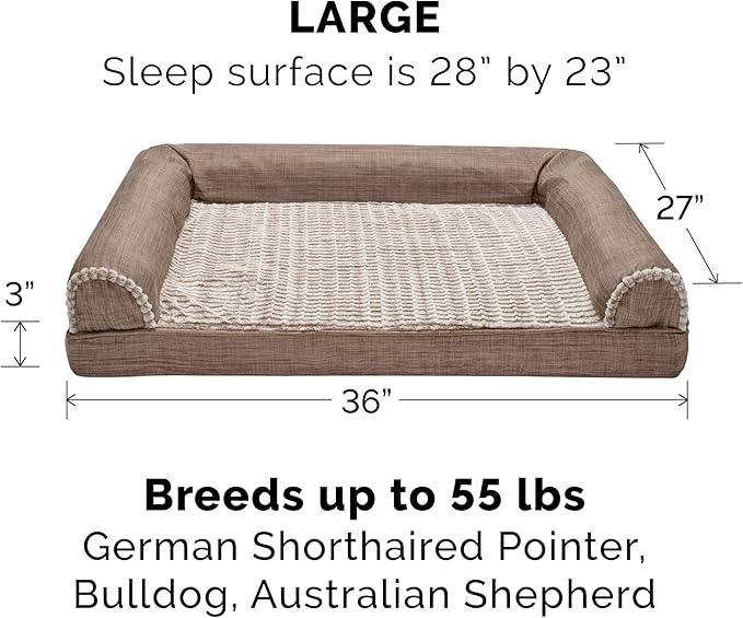 Furhaven Cooling Gel Dog Bed for Large/Medium Dogs w/ Removable Bolsters & Washable Cover, For Dogs Up to 55 lbs - Luxe Faux Fur & Performance Linen Sofa - Woodsmoke, Large-PawvioPets