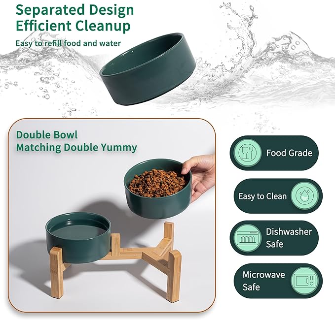 Elevated Ceramic Dog Bowl Set - Raised Dog Bowls with Non-Slip Bamboo Stand - Dog Food and Water Bowl Set - Double Dog Feeding Bowls - Suitable for Small and Medium Dogs - 28.74 OZ - 3.6 CUPS - 850 ML-PawvioPets