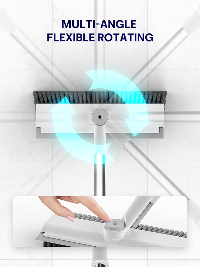 Floor Scrub Brush with Long Handle, 3 in 1 Scrape and Heavy-Duty Stiff Bristle Floor Scrubber Brush with Squeegee and Tweezer for Cleaning Tile Wall Deck Bathroom Patio Garage Kitchen (White)-PawvioPets