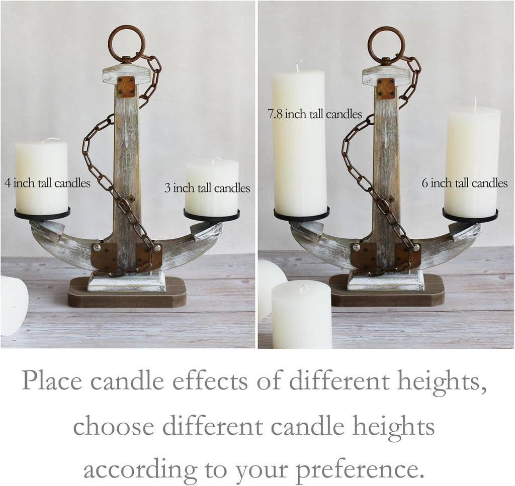 Wooden Anchor Candle Holder Coastal Decor Lake House Decor, Vintage Home Decor Candle Stand Table Centerpiece Candle Holder for 2 Candles, Nautical Decor Beach Decor Large Candles Stand