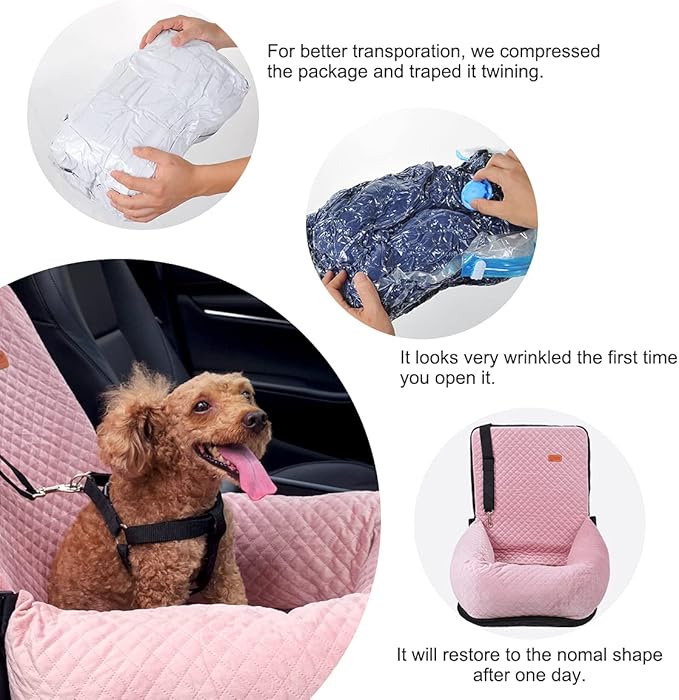 Dog Car Seat for Small Medium Dogs Up to 40lbs, Detachable Washable Soft Pet Booster Travel Bed for Front & Pink Seat with Safety Leash Belt-PawvioPets
