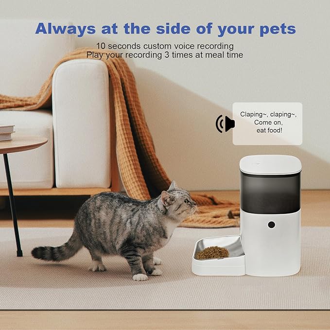 2.4G WiFi Automatic Cat Feeder, 4L Food Dispenser with 10s Voice Recorder, Pet Feeder up to 10 Meals per Day, Timed Cat Feeder with Dry Food Sealed Ring (White, 4L-WiFi)-PawvioPets