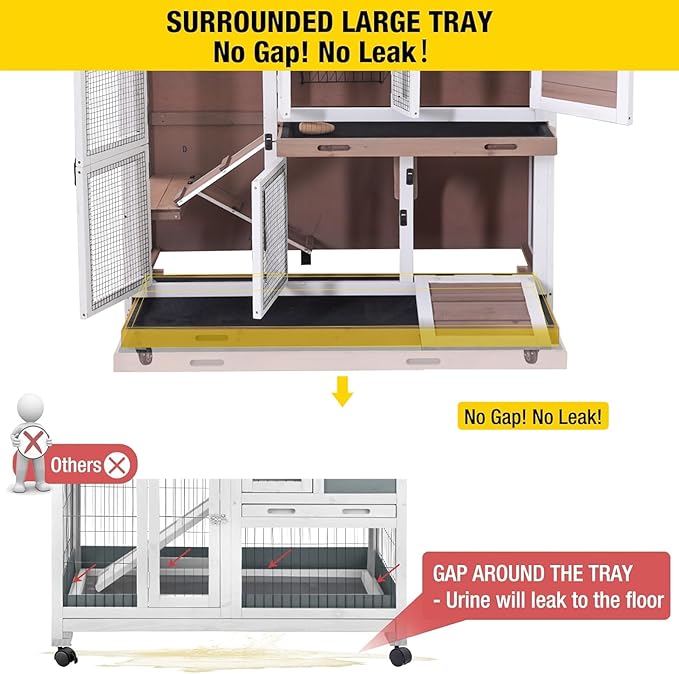 Aivituvin Rabbit Hutch Bunny Cage with Wheels Indoor Outdoor 47" Two Story Guinea Pig Cage with 2 Deep No Leak Tray-PawvioPets