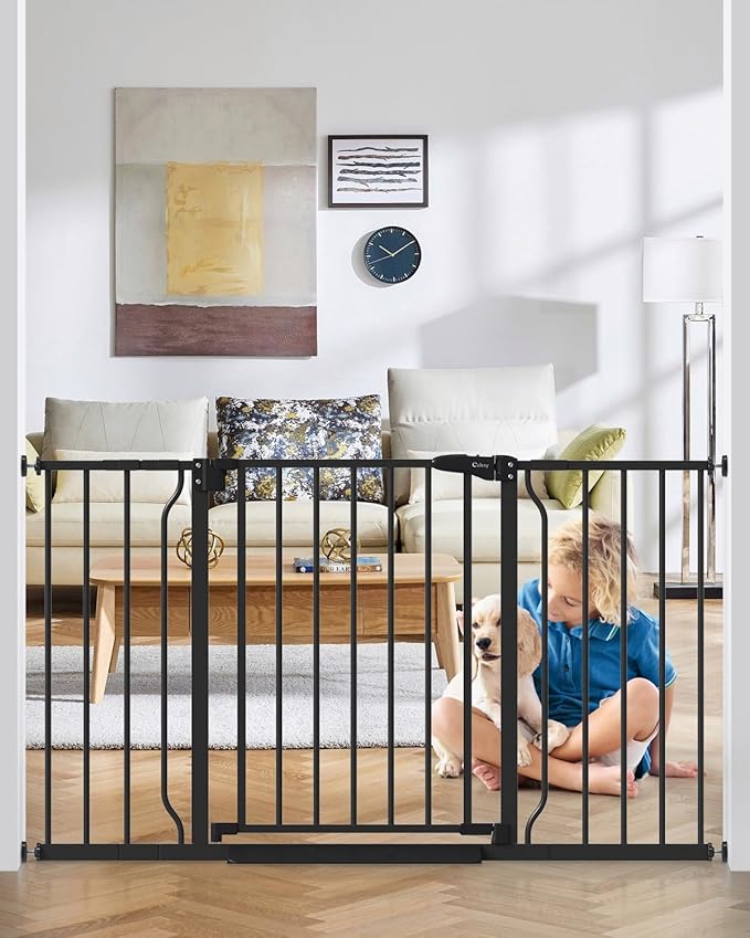 29"-51" Baby Gate for Stairs, Auto Close Stroller Friendly Dog Gate Indoor for Doorways, Pressure Mounted Baby Gate, Easy Walk Through Gate for Children & Pets, Black-PawvioPets
