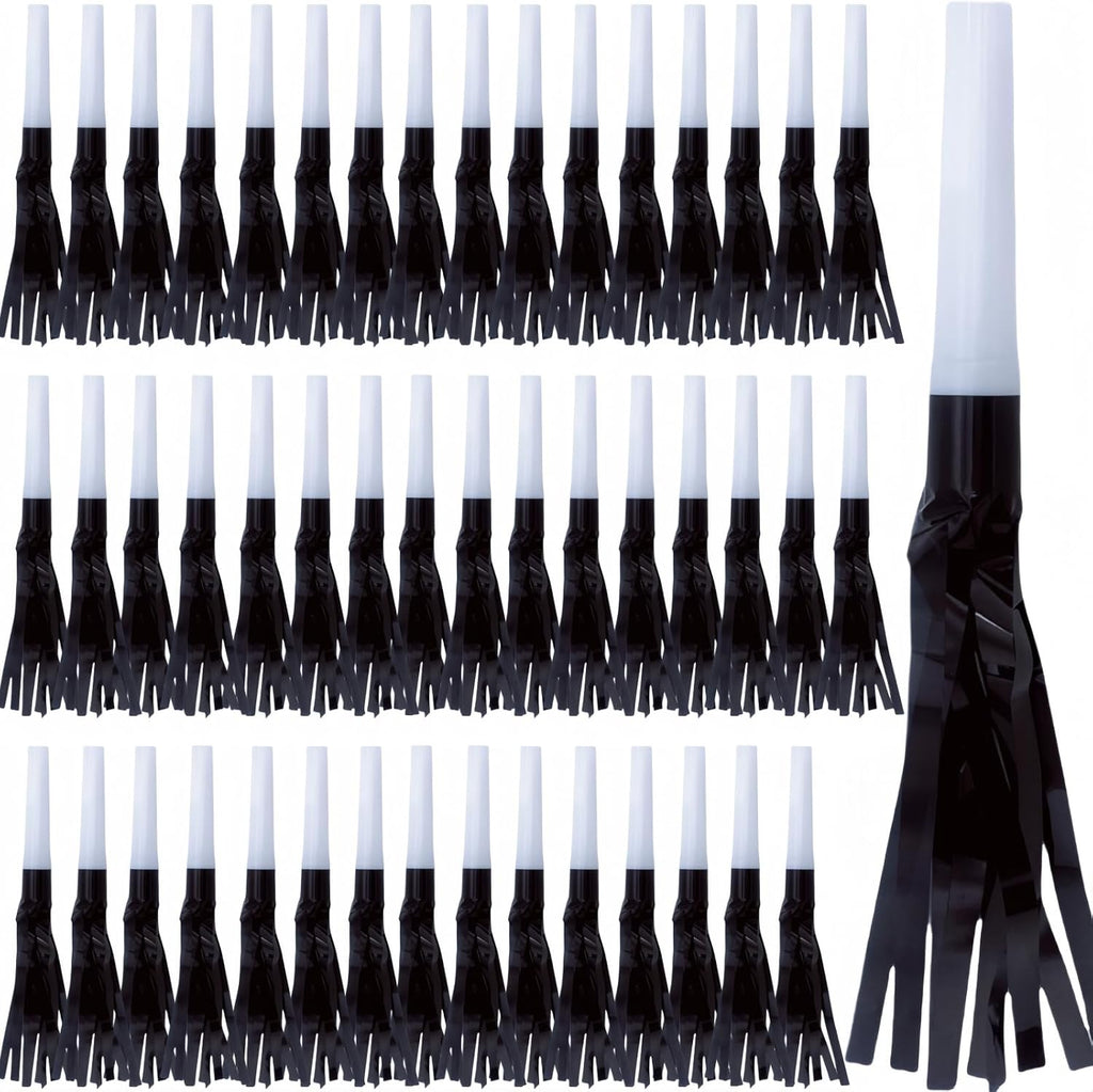 Party Blowers Metallic Fringed Noise Makers, 48 Pcs, Black, for Baby Shower, Kids Birthday, New Year Party