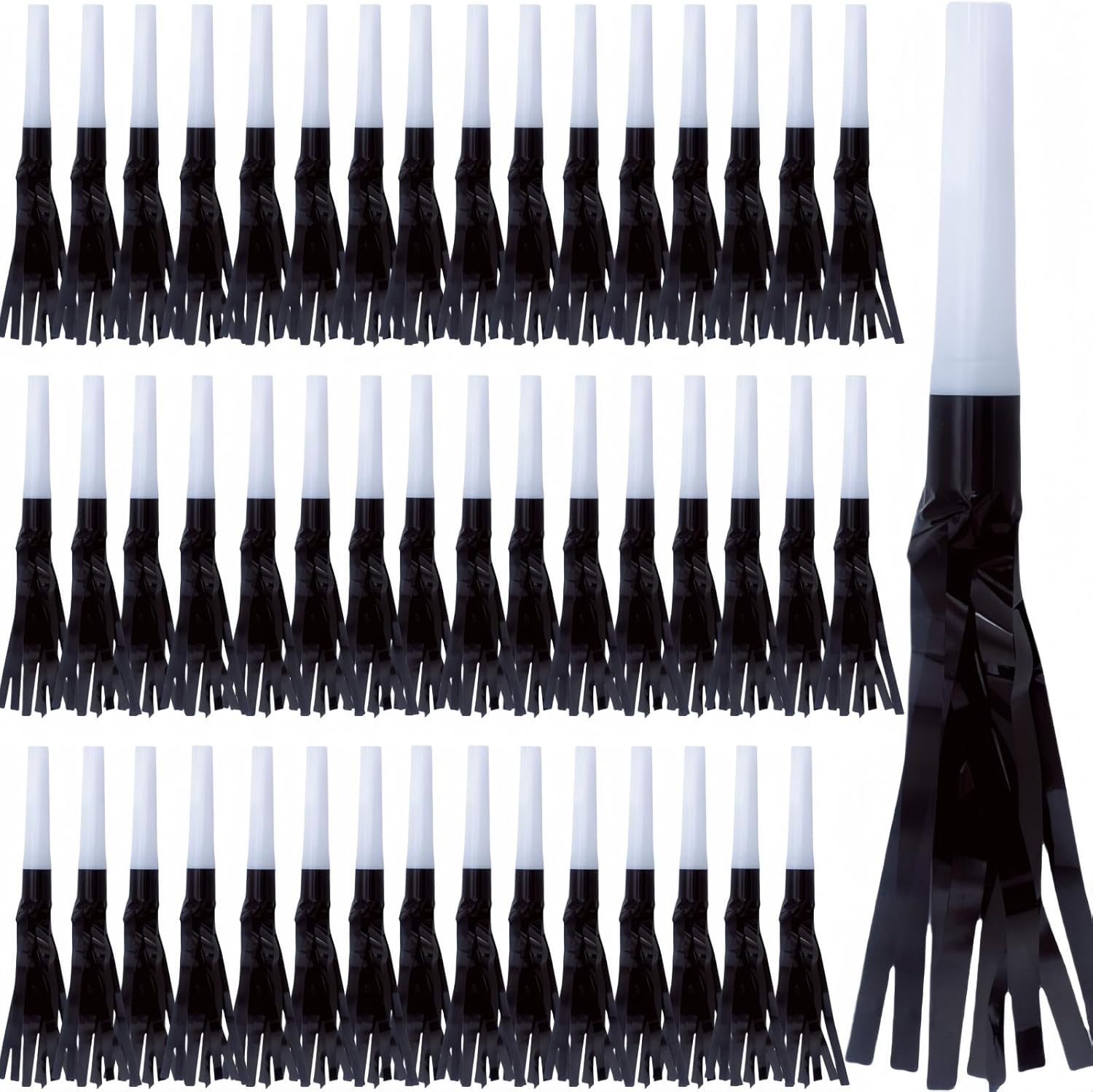 Party Blowers Metallic Fringed Noise Makers, 48 Pcs, Black, for Baby Shower, Kids Birthday, New Year Party
