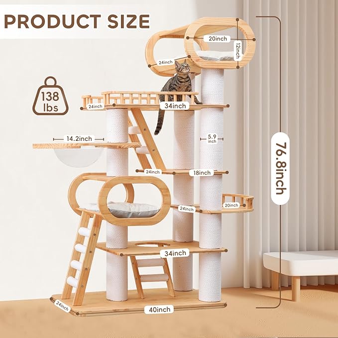76.8'' Tall Modern Large Cat Tree,Multi-Level Wood Cat Tower for Indoor Cats Large Adults,Luxury Heavy Duty Cat Condo with Cushion,Scratching Posts,Clear Hammock Activity (76.8inch)-PawvioPets