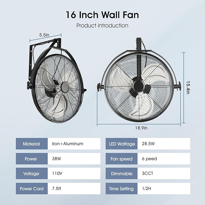 16 inch Wall Mount Fan with Lights and Remote,6-Speed Gazebo Ceiling Fan Adjustable Tilt Dimmable Wall Fan,High Velocity Industrial Outdoor Fans for Patio,Garage,Commercial,Black-PawvioPets
