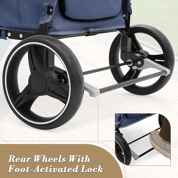Athena Collection 3 Wheels Pet Stroller Fabric Dog Cart Dog Stroller for Large Dogs 55 Lbs Pet Stroller with Mesh Windows, Zipper Back Pocket, Safety Tether, Angle Adjustable Handlebar, Navy Blue-PawvioPets