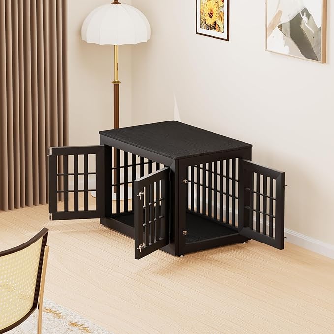 38" Heavy Duty Dog Crate Furniture for Small,Medium and Large Dogs,Rustic Wooden Dog Cage Kennel Indoor Furniture with Waterproof Top,Decorative Pet House Side End Table (Black)-PawvioPets