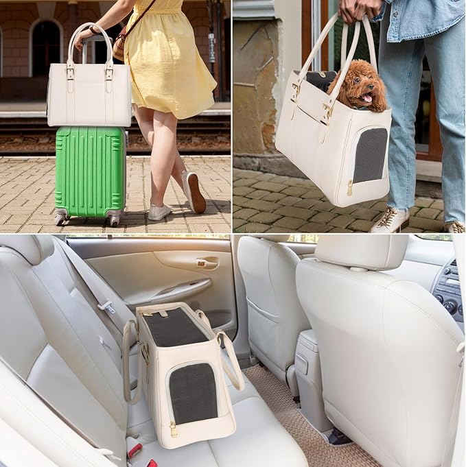 Fashion Pet Carrier Dog Purse Cat Bag Soft-Sided Carriers Travel Airline Approved, Stylish Leather Tote Handbag for Small Animal Puppy Kitten (White)-PawvioPets