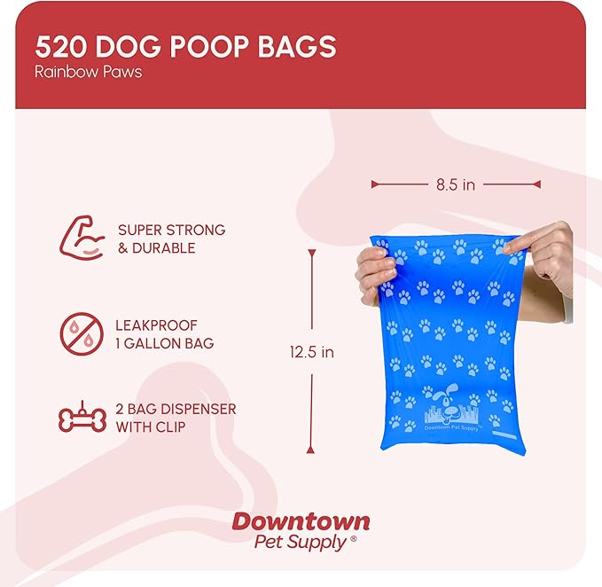 Downtown Pet Supply Rainbow Paw Print Poop Bags (520 CT & 2 Dispensers) - Leak-Proof, Unscented, Clips to Dog Leashes & Harnesses-PawvioPets
