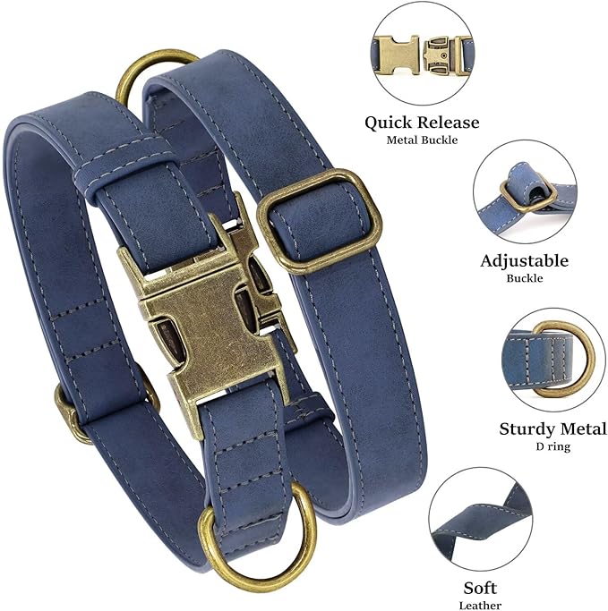Didog Soft PU Leather Dog Collar, Stylish Quick Released Dog Collars for Large Dogs, Easy Clean Adjustable Pet Collar for Daily Walking, Blue, XL Fit 17-27" Neck-PawvioPets