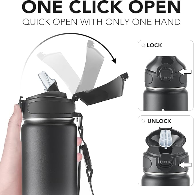 Enerbone 24 oz Insulated Water Bottle, Stainless Steel Bottle with Carrying Strap, Double-Wall Vacuum Insulation Design, Leakproof Sports Bottle with Straw, Keep Drinks Cold or Hot for Hours-PawvioPets