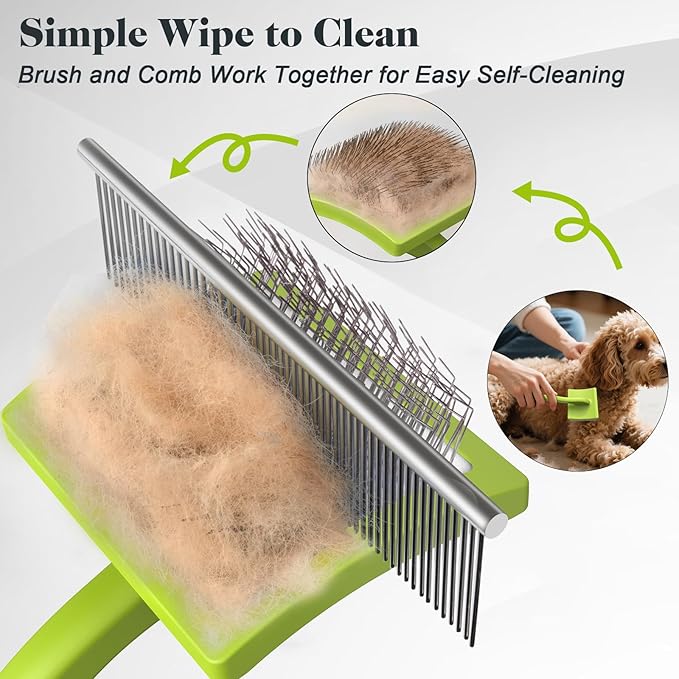 2PCS Slicker Brush for Dogs & Pet Comb,Professional Dog Grooming Brush (Goldendoodles,Poodles,Labradoodles) with Extra Long Pins to Effectively Remove Tangles, Knots and Mats (Green)-PawvioPets