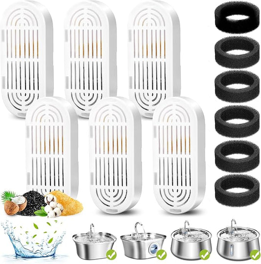 6 Pack Replacement Cat Fountain Filters & Replacement Sponges for Stainless Steel Pet Fountain with Water Level Window, Fountain Carbon Filters for Dog Water Dispenser Bowl-PawvioPets