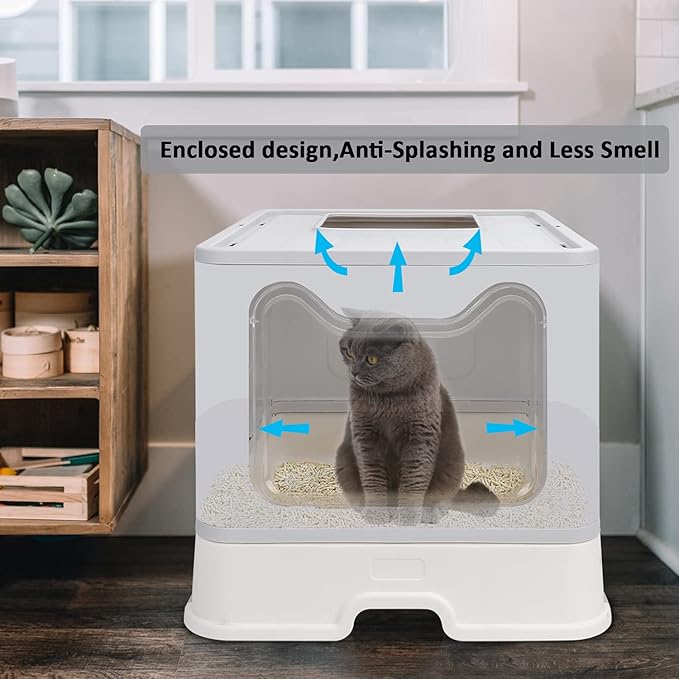 Foldable Cat Litter Box with Lid, Enclosed Potty, Large Top Entry Anti-Splashing Toilet, Easy to Clean Including Litter Scoop and 2-in-1 Cleaning Brush (Grey)-PawvioPets