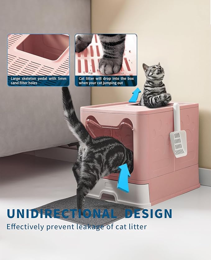 Cat Litter Box with Litter Mat and Scoop, Large Foldable Litter Box with Lid, Front Entry Top Exit Kitty Box, Odor Control, Easy to Clean (Pink)-PawvioPets