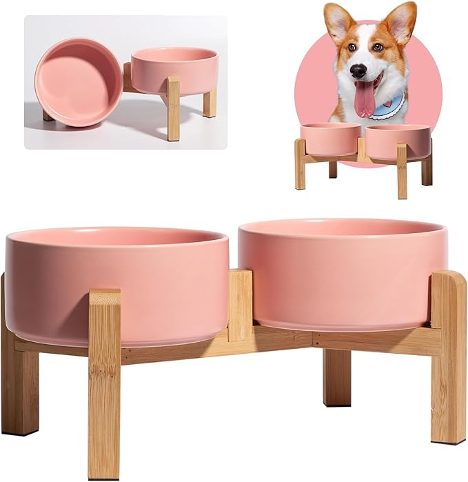 Elevated Ceramic Dog Bowl Set - Raised Dog Bowls with Non-Slip Bamboo Stand - Dog Food and Water Bowl Set - Double Dog Feeding Bowls - Suitable for Small and Medium Dogs - 28.74 OZ - 3.6 CUPS - 850 ML-PawvioPets