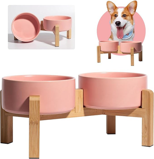 Elevated Ceramic Dog Bowl Set - Raised Dog Bowls with Non-Slip Bamboo Stand - Dog Food and Water Bowl Set - Double Dog Feeding Bowls - Suitable for Small and Medium Dogs - 28.74 OZ - 3.6 CUPS - 850 ML-PawvioPets