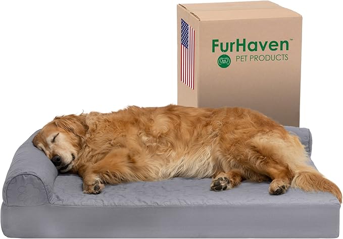 Furhaven Cooling Gel Dog Bed for Large Dogs w/ Removable Bolsters & Washable Cover, For Dogs Up to 95 lbs - Pinsonic Quilted Paw L Shaped Chaise - Titanium, Jumbo/XL-PawvioPets