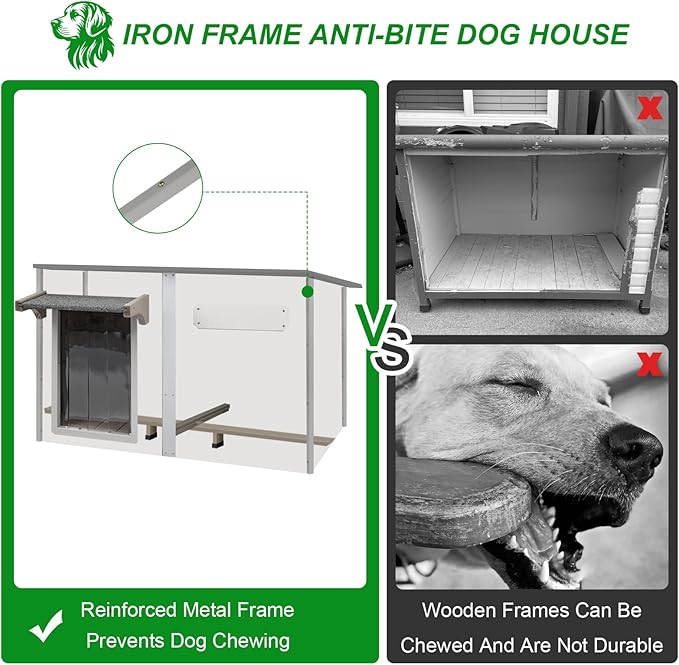 Dog House Outdoor Weatherproof & Wooden Dog Kennel with Chew-Proof Iron Frame，Removable Floor, Adjustable Vent Window, Easy Assembly for Large and Extra-Large Dogs 55.1" D x 33.1" W x 34.8" H-PawvioPets