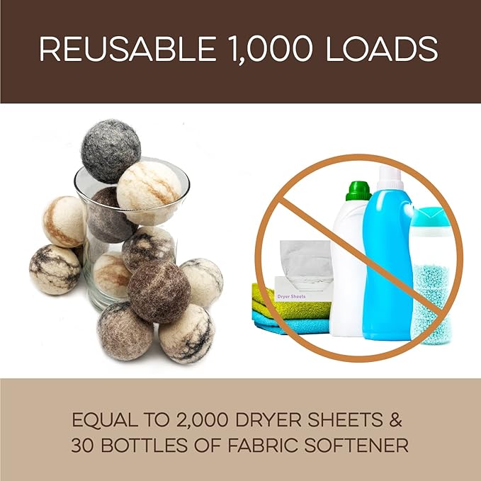 Fluff Ewes Wool Dryer Balls 3 Pack Premium New Zealand Wool Laundry Balls for Dryer, No Static Dryer Balls Laundry Reusable Cute, XL Wool Dryer Balls Cute, Baby Dryer Balls for Dryers - Marble-PawvioPets