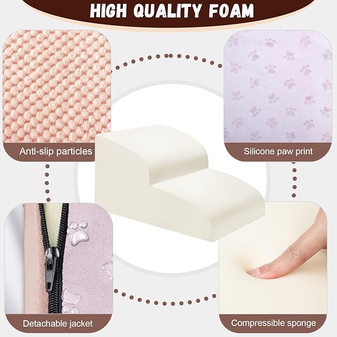 Dog Stairs for Small Dogs - High Density Foam Pet Steps, Extra Wide Dog Ramp with Non-Slip Bottom for High Beds, Couch and Sofa, Best for Dogs Injured, Older Doggy Cats, 2 Steps, Pink-PawvioPets