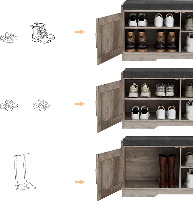 2-Tier Storage Bench, Shoe Bench with Thickened Padded Seat Cushion, Entryway Bench with 2 Doors, Adjustable Shelf, 13.8" D x 37.4" W x 18.5" H, for Entryway, Living Room, Bedroom, Greige-PawvioPets