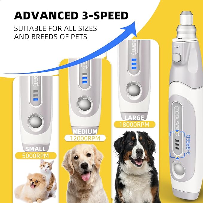 Dog Nail Grinder and Clippers - Upgraded 3-Speed Electric Rechargeable Pet Nail Trimmer with LED Light Super Quiet Paws Grooming Kit Painless Grinding Tool for Large Medium Small Dogs & Cats-PawvioPets