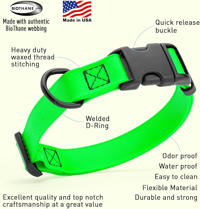 Dogline Biothane Waterproof Dog Collar with Quick Release Buckle Strong Coated Nylon Webbing with Odor- Proof for Easy Care Easy to Clean Fits Small Medium Large Dogs, Lime Green 3/4" W 12-19" L-PawvioPets