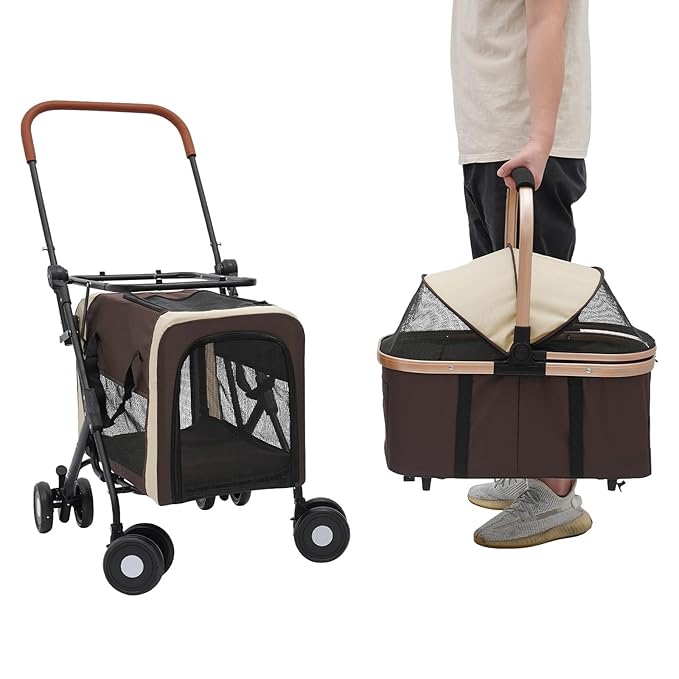 Double Pet Stroller for Dogs and Cats, Foldable Dog Stroller Travel Carriage with Detachable Carriers, Safety Belts, and 4 Lockable Wheels for Small to Medium Pets (Coffee Color)-PawvioPets