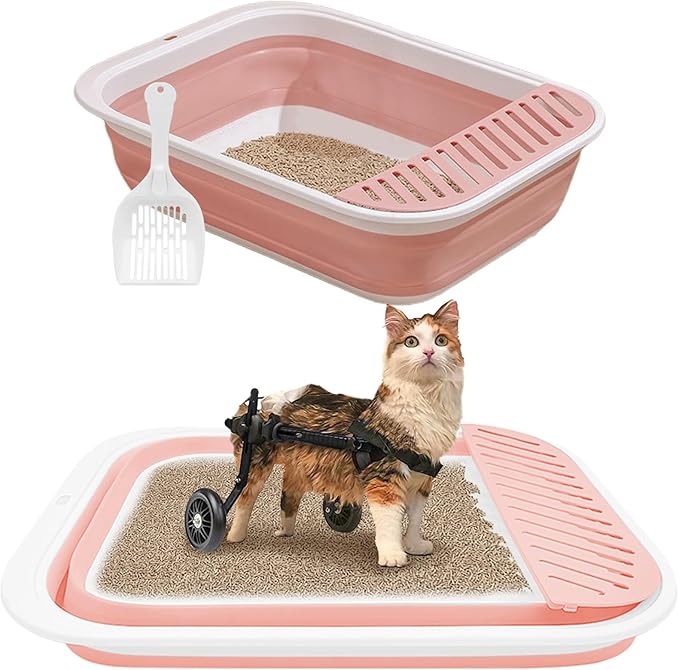 BNOSDM Senior Cat Litter Box Low Entry Kittens Travel Litter Box with Scoop Open Collapsible Shallow Cats Potty Pan Foldable Pet Toilet for Sick Disabled Older Elderly Cats Pink-PawvioPets