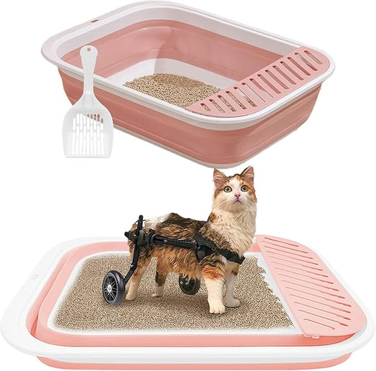 BNOSDM Senior Cat Litter Box Low Entry Kittens Travel Litter Box with Scoop Open Collapsible Shallow Cats Potty Pan Foldable Pet Toilet for Sick Disabled Older Elderly Cats Pink-PawvioPets