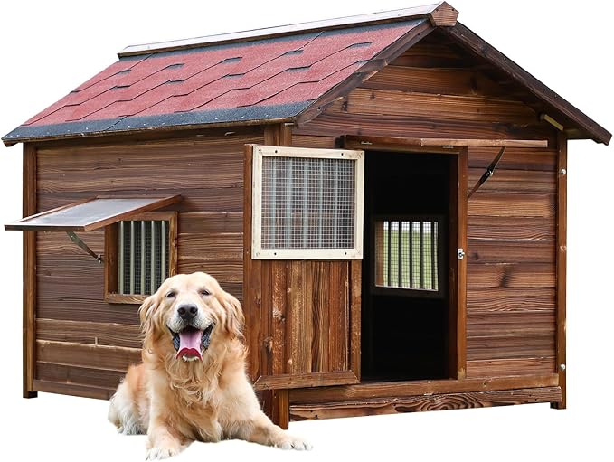Dog House Outdoor,Solid Pine Wood Large Dog House for Big Breed,Weatherproof Dog Houses Outside with Door,Adjust Windows,Warm Dog Kennel for Outside-PawvioPets