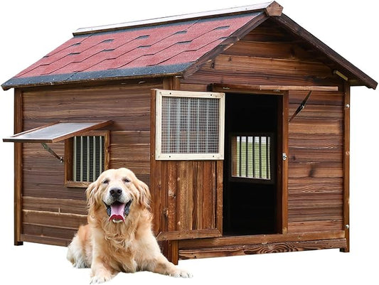 Dog House Outdoor,Solid Pine Wood Large Dog House for Big Breed,Weatherproof Dog Houses Outside with Door,Adjust Windows,Warm Dog Kennel for Outside-PawvioPets