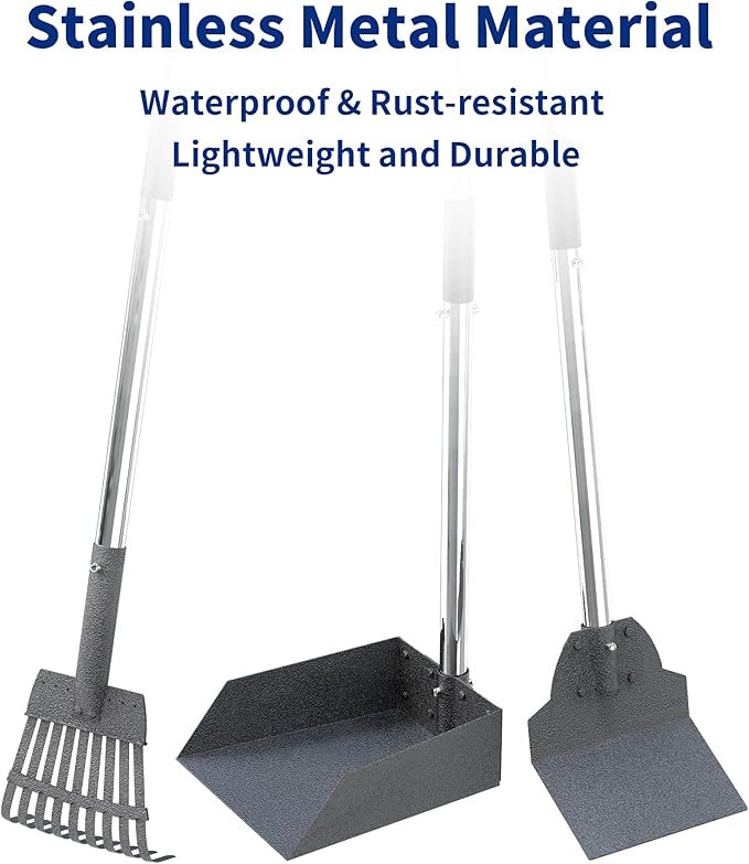 Dog Pooper Scooper Set, Stainless Metal Tray Rake Spade 3 Pack, Long Handle Pet Waste Scooper for Large Medium Small Dogs, Heavy Duty Poop Scooper for Yard, Grass, Dirt or Gravel-PawvioPets