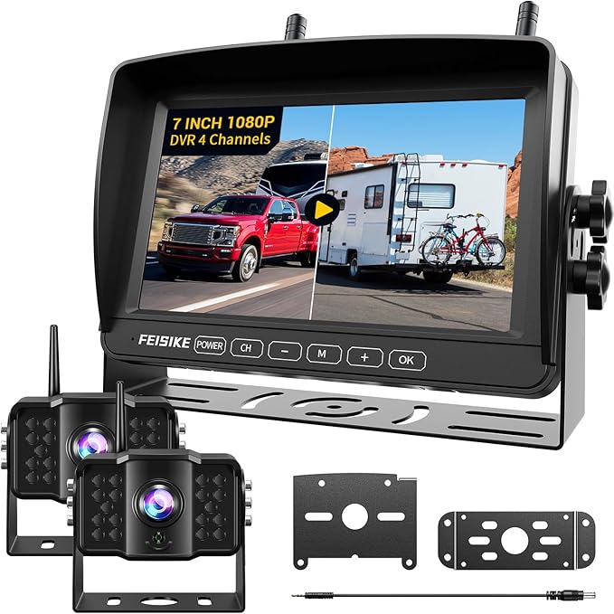 Dual RV Backup Camera Wireless with 7" 1080P Monitor, for Furrion Pre-Wired RVs, 4-Channel Split Screen System, Loop Recording, IR Night Vision, Wide Rear View Camera for Truck, Trailer, Camper-PawvioPets
