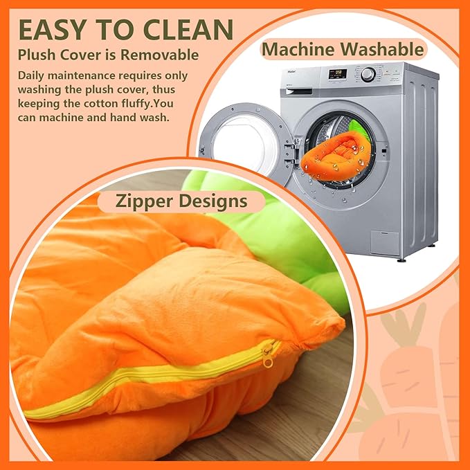 Bunny Bed,Thick&Soft Rabbit Bed with Removable Cushion,Machine Washable with Rattan Mat & Heart Decor,Cozy Warm Small Animal Sleeping Beds (Carrot Shape-M)-PawvioPets