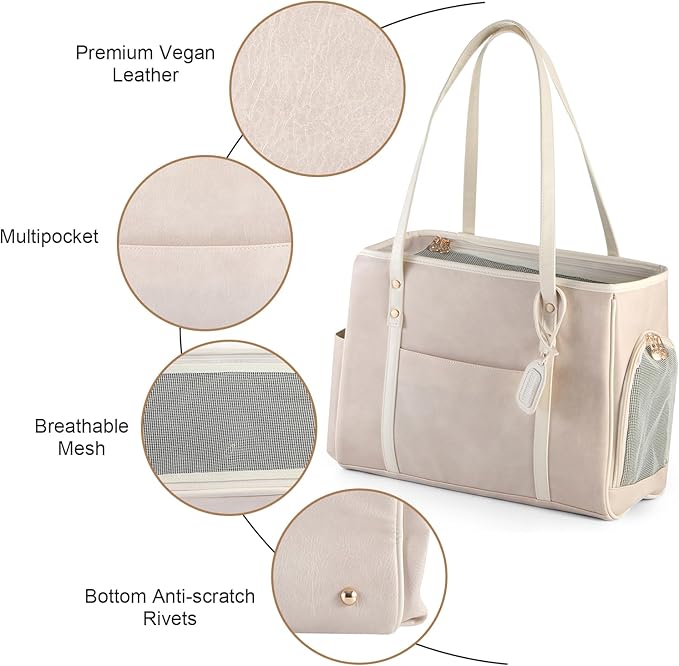 Fashion Dog Carrier Purse, Premium Leather Cat Carrier Bag, Airline Approved Soft Sided Pet Travel Tote Bag with Pockets Beige-PawvioPets