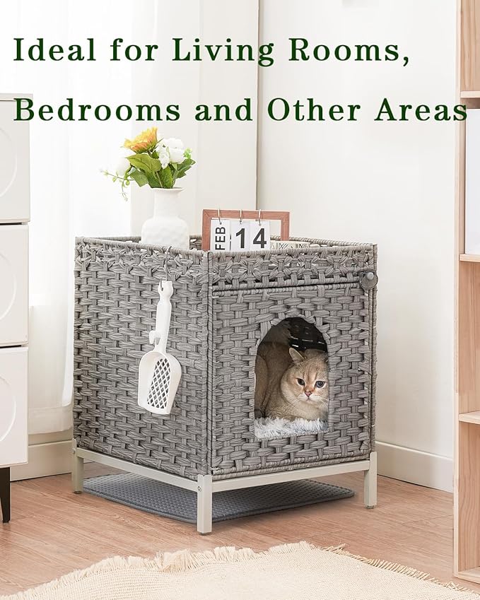 Cat Litter Box Enclosure Hidden Litter Box Furniture with Metal Heightened Feet, Rattan Handwoven Cat House with Litter Mat, Hidden Litter Box Furniture for Bedroom Living Room Gray-PawvioPets
